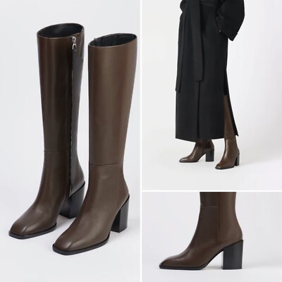 Aeyde Teresa Calf Knee High Tall Zip Brown Moka Mocha Boots 37 US