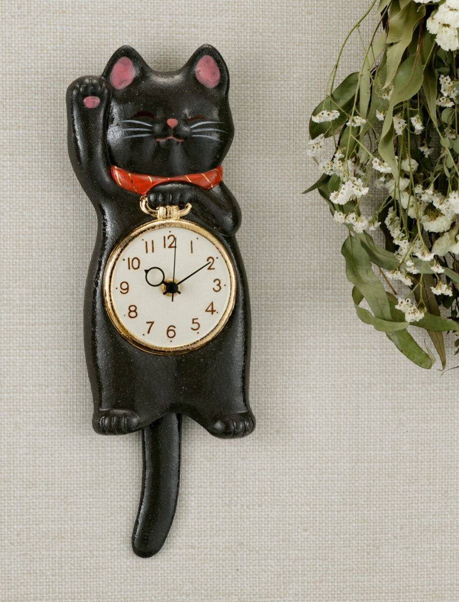 Japanese Black Lucky Cat Manekineko Wall Pendulum Clock Pottery