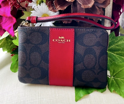 Coach Corner Zip Wristlet In Signature Canvas Brown Red 58035 New