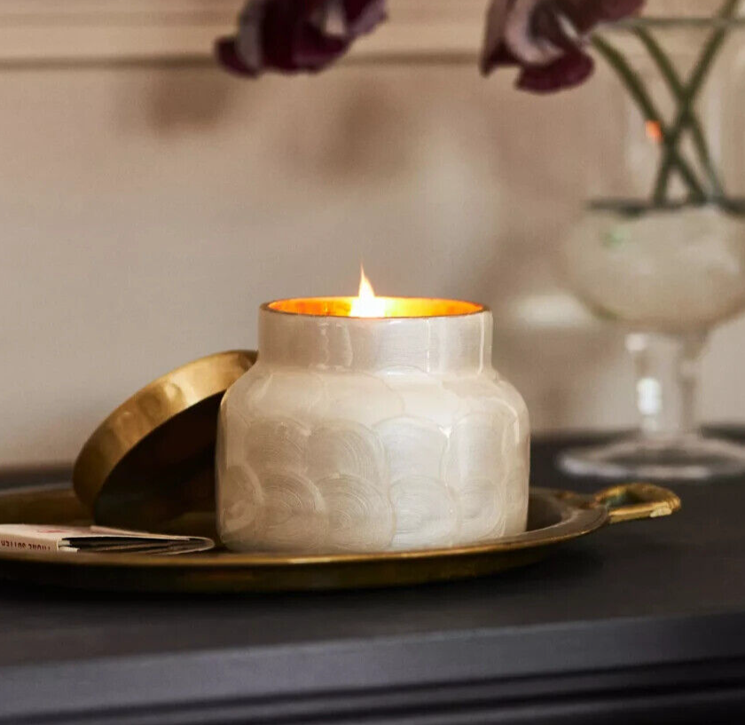 Anthropologie Volcano Capiz Jar Candle Capri Blue Gold Gilded