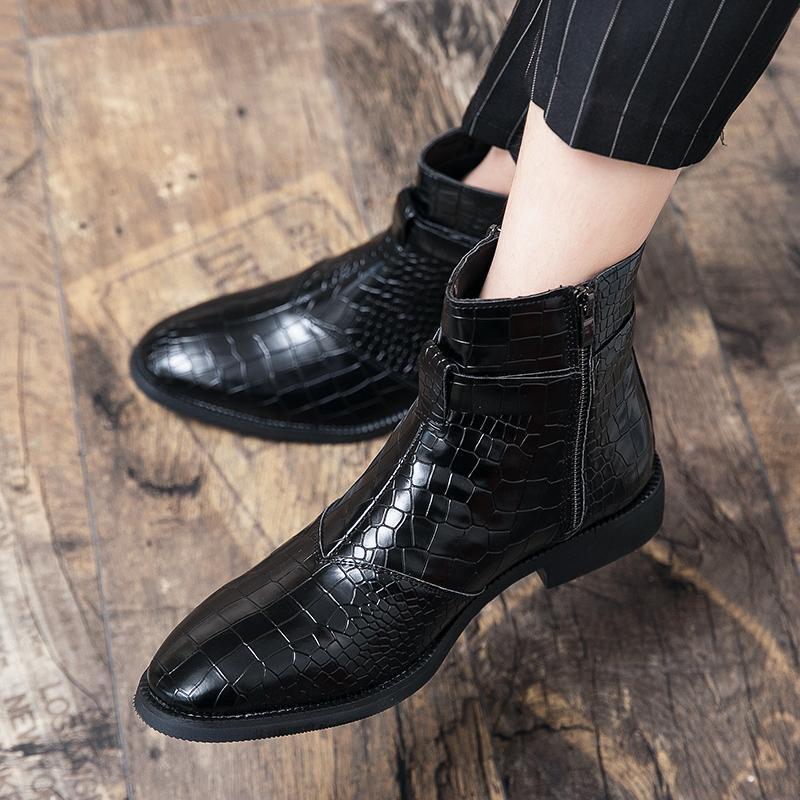 Mens Ankle Boots Metal Buckle Pointy Toe Cracked Zipper Casual