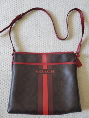 COACH F38402 Signature Varsity Stripe Crossbody Bag Brown Red PVC