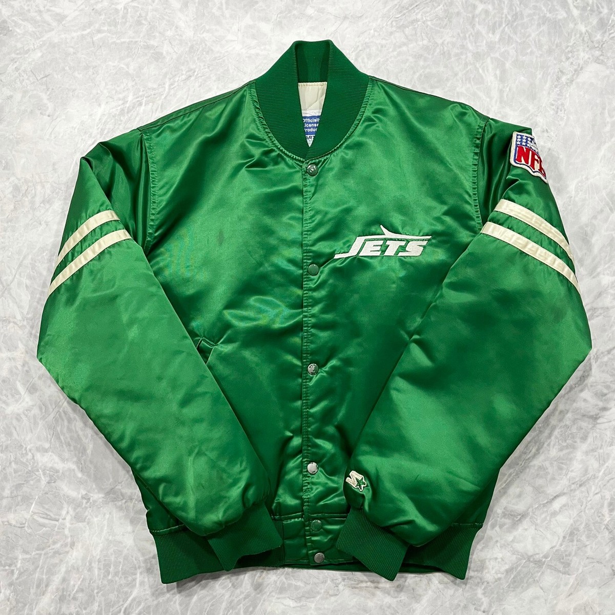 VTG 90s NFL NEW YORK JETS STARTER SATIN BOMBER JACKET SIZE M MADE