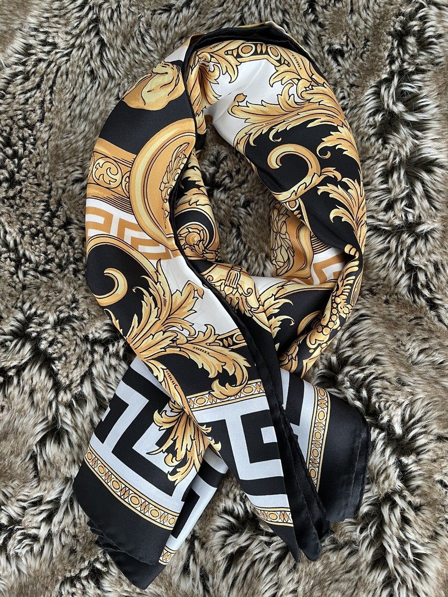 390 VERSACE Black & Gold Iconic Baroque Silk Scarf 90x90cm - Made