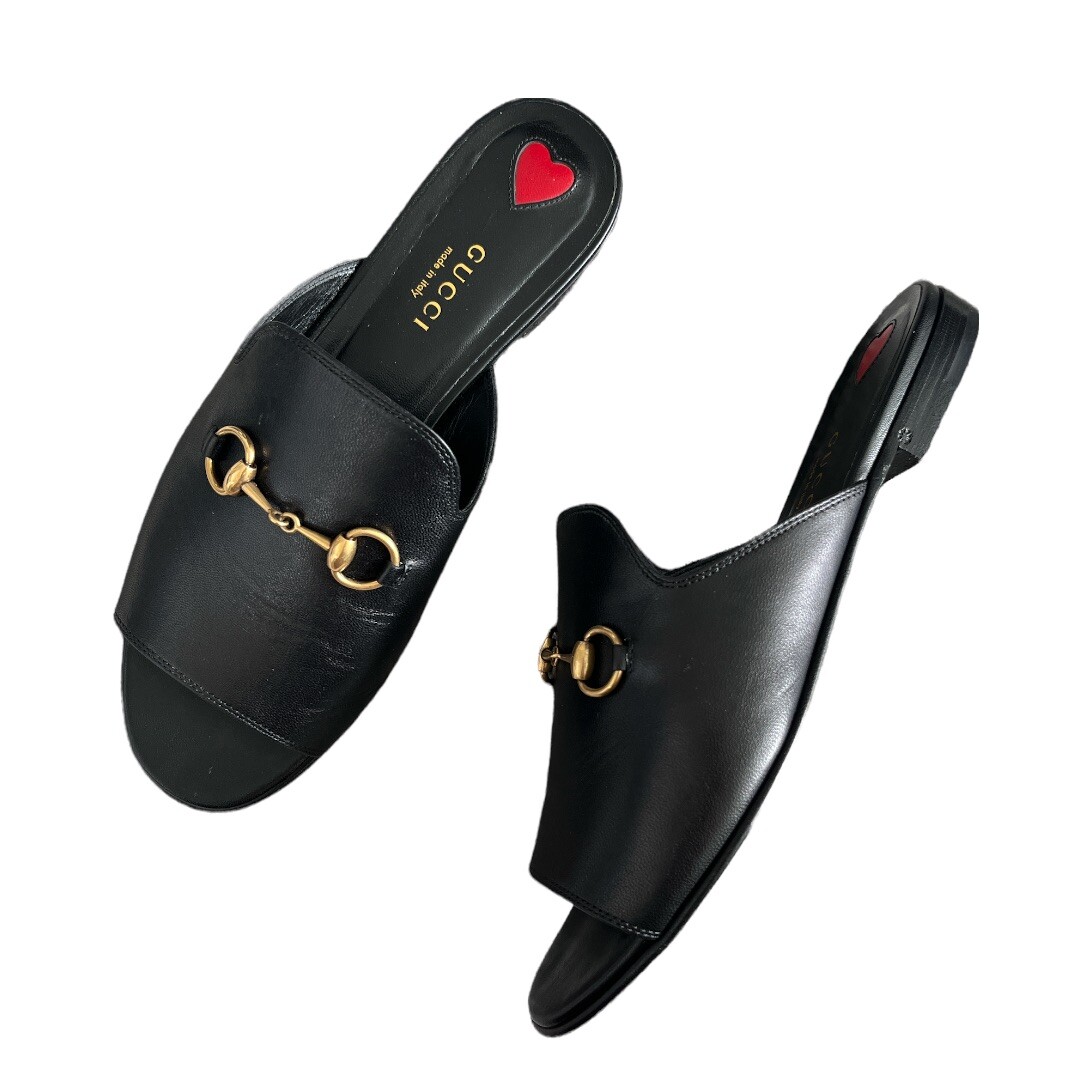 Gucci Black Leather Horsebit Malaga Kid Sandal Peep Toe Slides