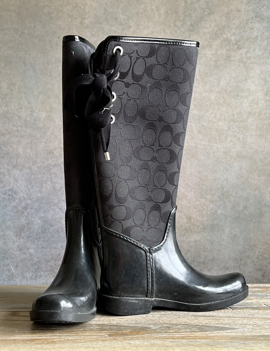Coach Tristee Lace-Up Back Corset Signature Rain Boots Black Size