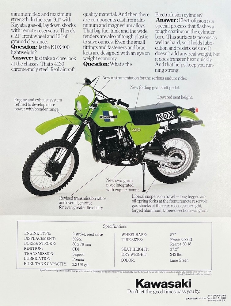 1980 Kawasaki KDX400 Double-Sided Sales Brochure Literature | 1979