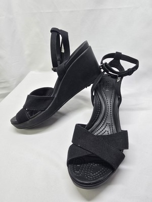 Crocs Leigh II Cross Strap Strappy Ankle Wedge Sandals Black