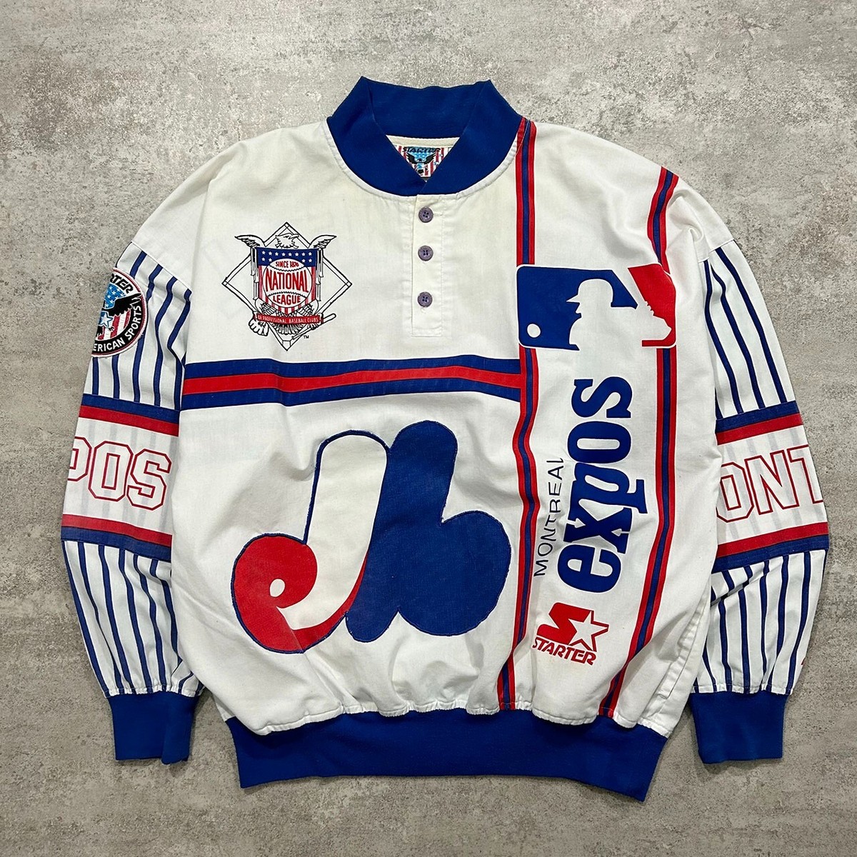 VTG 80s 90s MLB MONTREAL EXPOS STARTER PULLOVER JACKET AOP SIZE XL