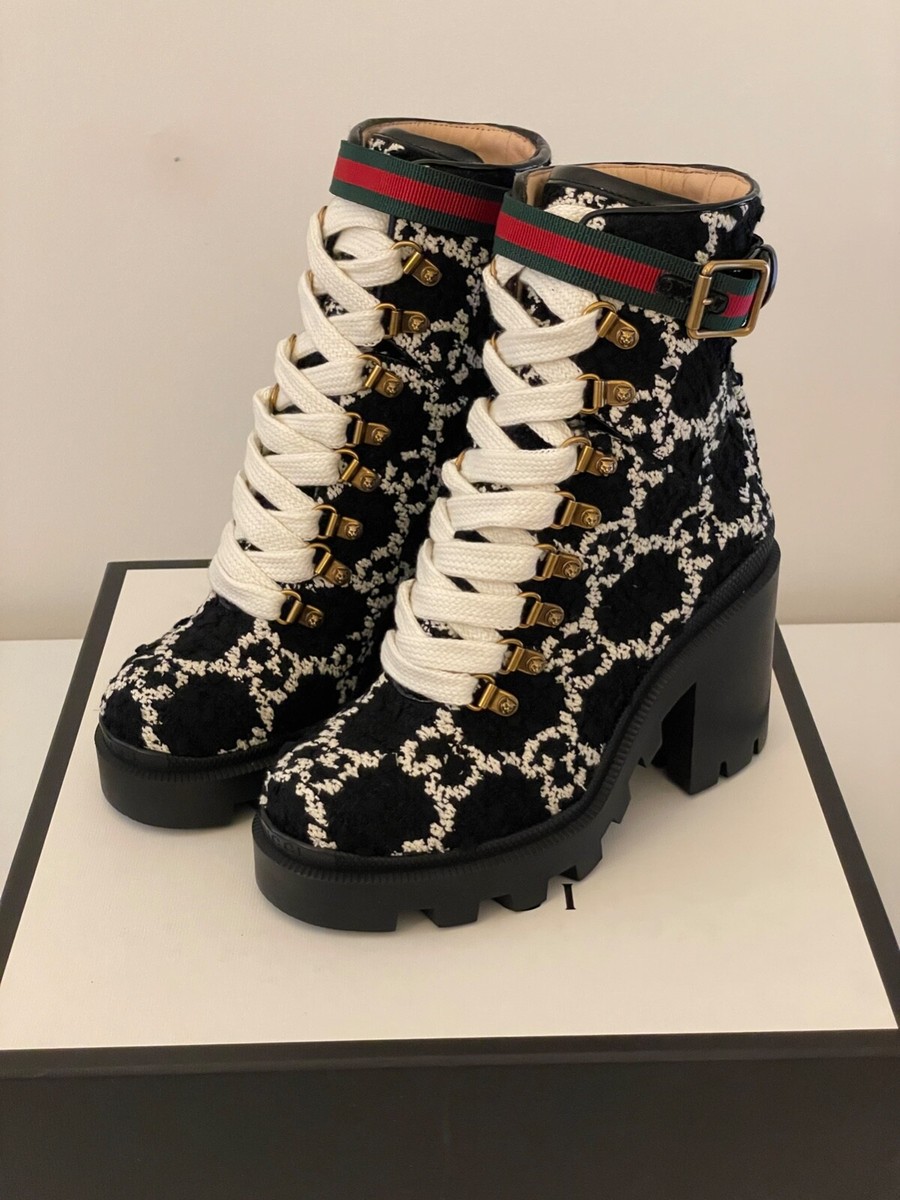 size 34.5 G - Gucci Trip 70 Combat Boots Tweed Black GG Logo White