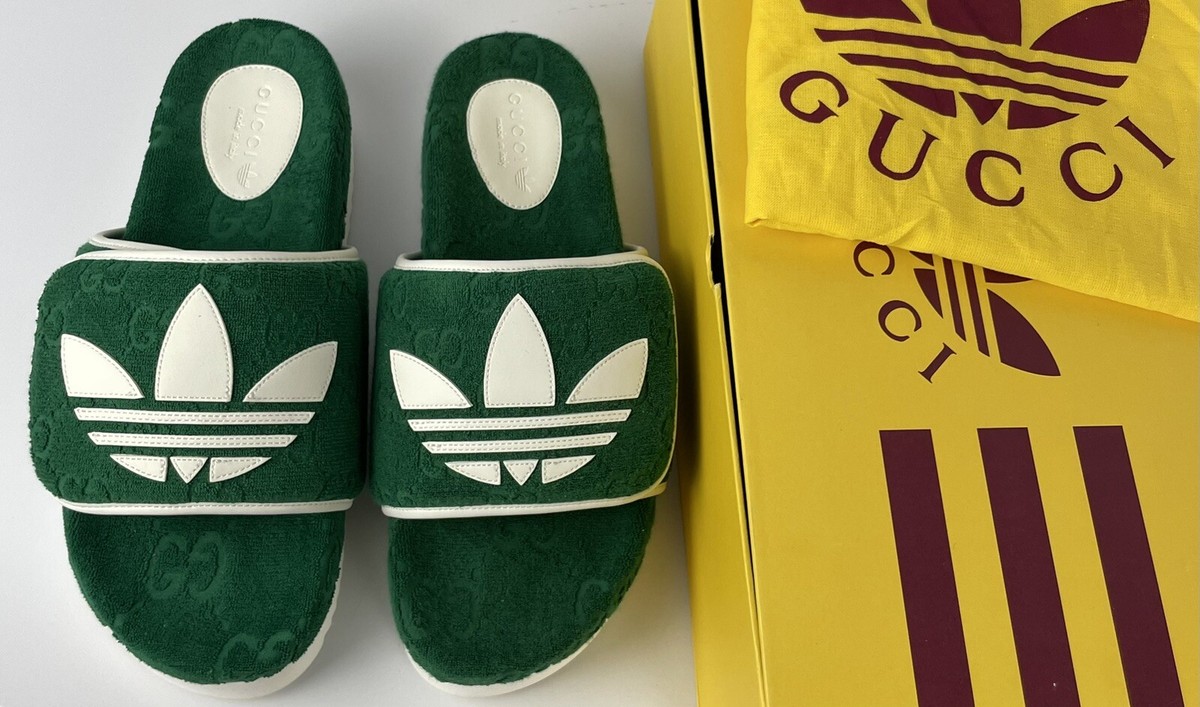 Adidas x Gucci GG Platform Slides Sandals Green Terry Cloth Men
