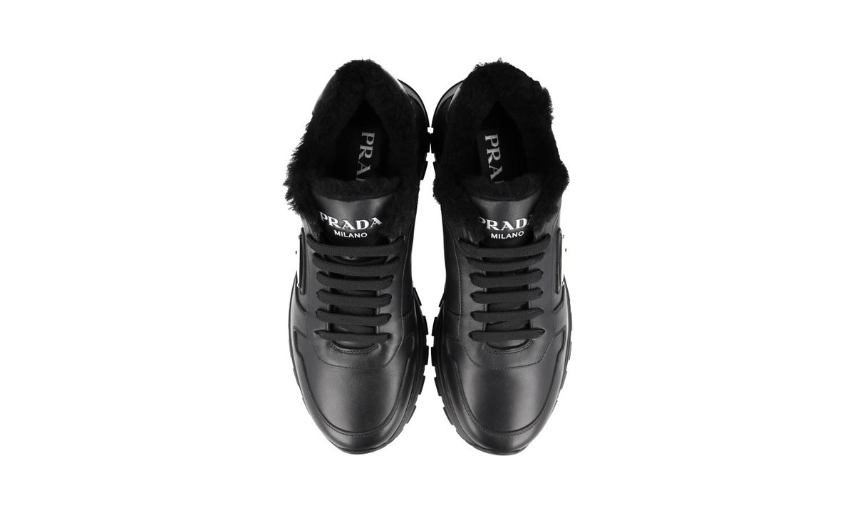 PRADA PRAX 01 SNEAKERS SHOES 2EE369 BLACK LEATHER FUR LINED US 8