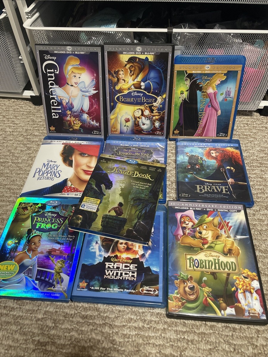 Set Of 10 Disney Blu Ray/dvds Beauty Brave Robin Frog Poppins Toad