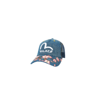 Palace Evisu Denim Mesh Trucker Cap Stone Wash Cherry Blossom SS23