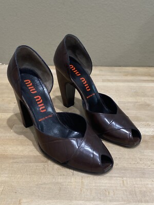 Miu Miu Leather Brown Chunky High Heel 8 Peep Toe Vintage Style