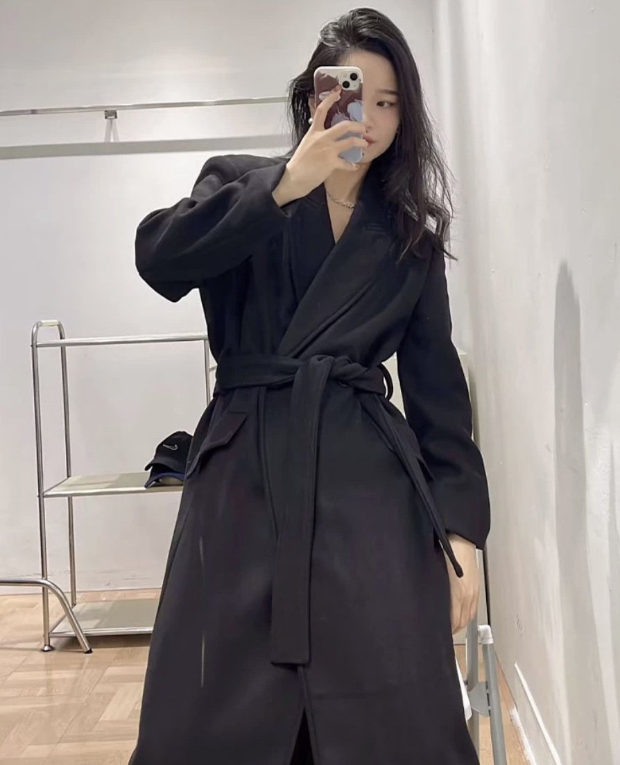 ZARA WOMEN NEW BELTED DOUBLE BREASTED WOOL BLEND COAT BLACK 8825