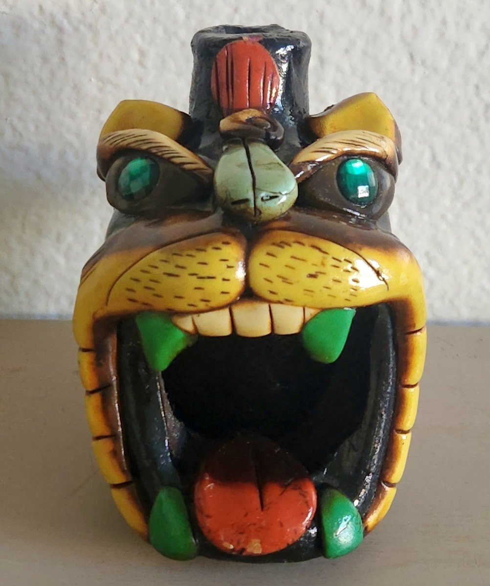 Vtg Folk Art Raku Clay Aztec Mayan Mexican Jeweled Jaguar Death