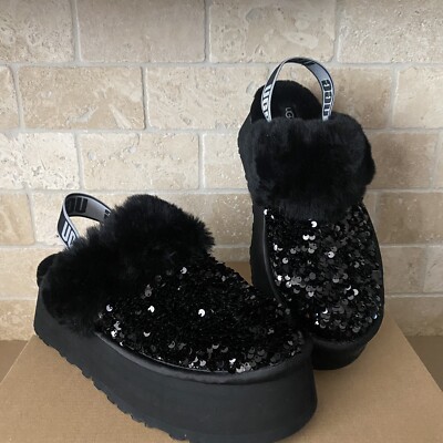 UGG Funkette Platform Stellar Sequin Black Slide Slipper Sandals