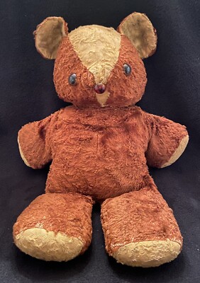 VTG 1950s BROWN FAUX MOHAIR TEDDY BEAR-Button Eyes/Nose-Plush