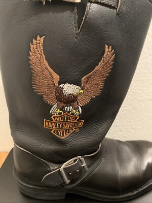 VTG HARLEY DAVIDSON Leather Motorcycle Engineer Boots Embroidered