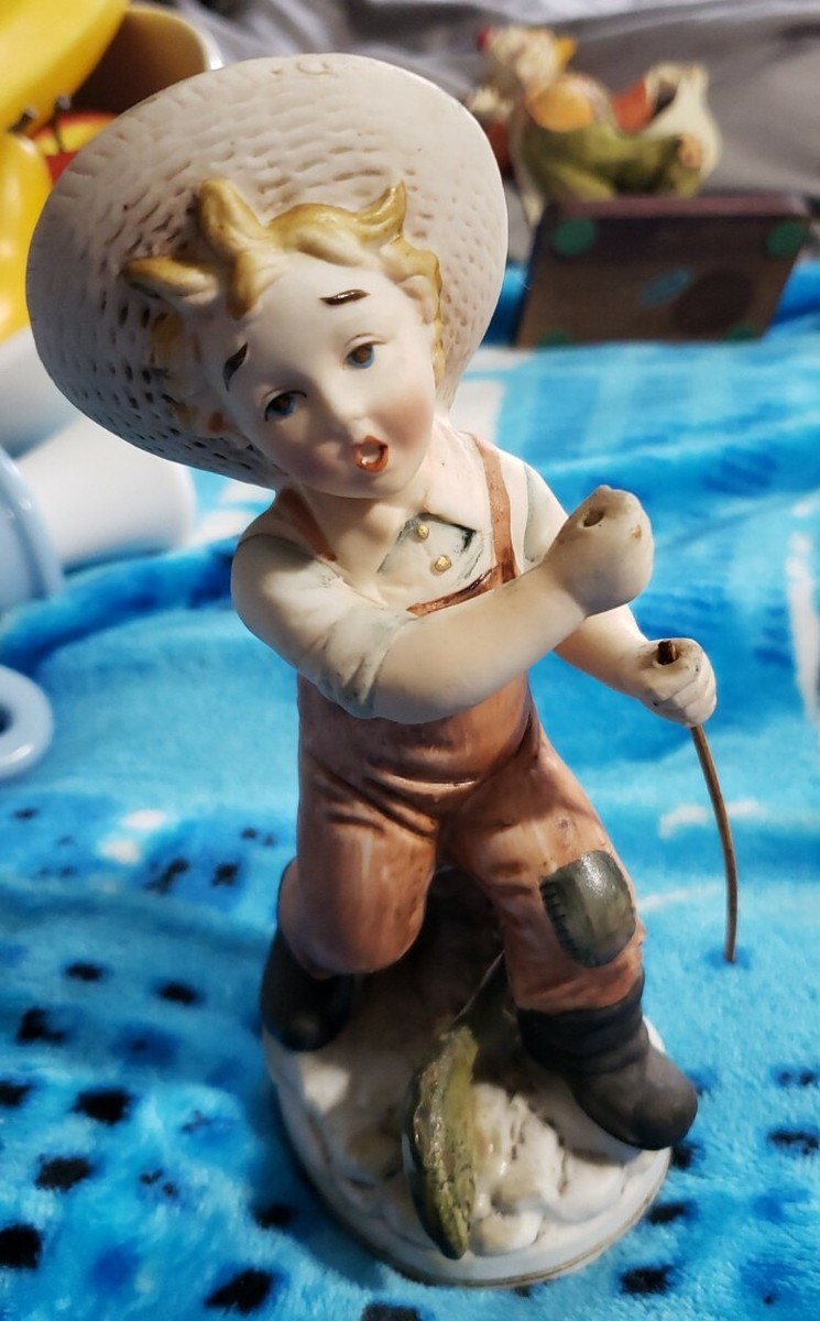 Vintage Norleans Boy Fishing Bisque Ceramic Figurine Japan Label