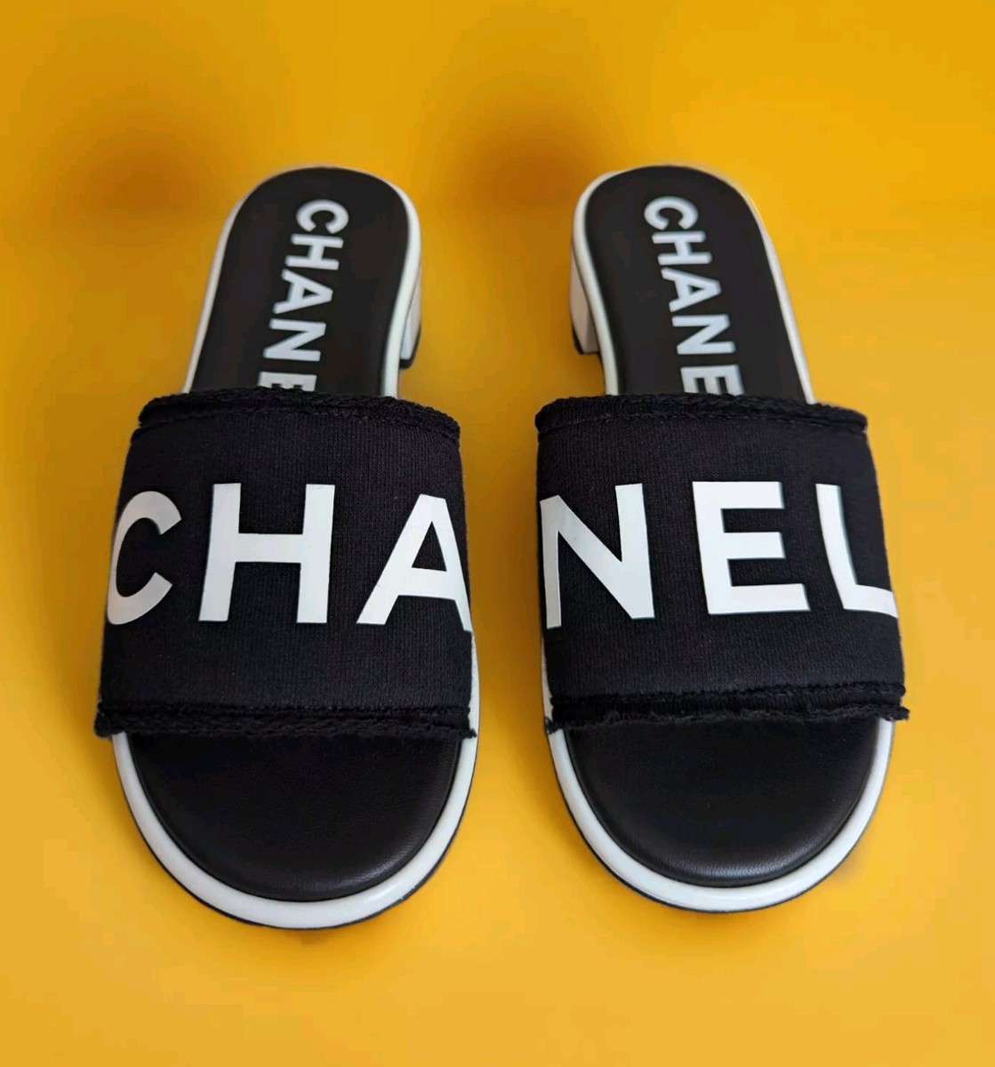 Chanel Cruise 2024 Black Fabric White Logo Sandals Shoes Mules