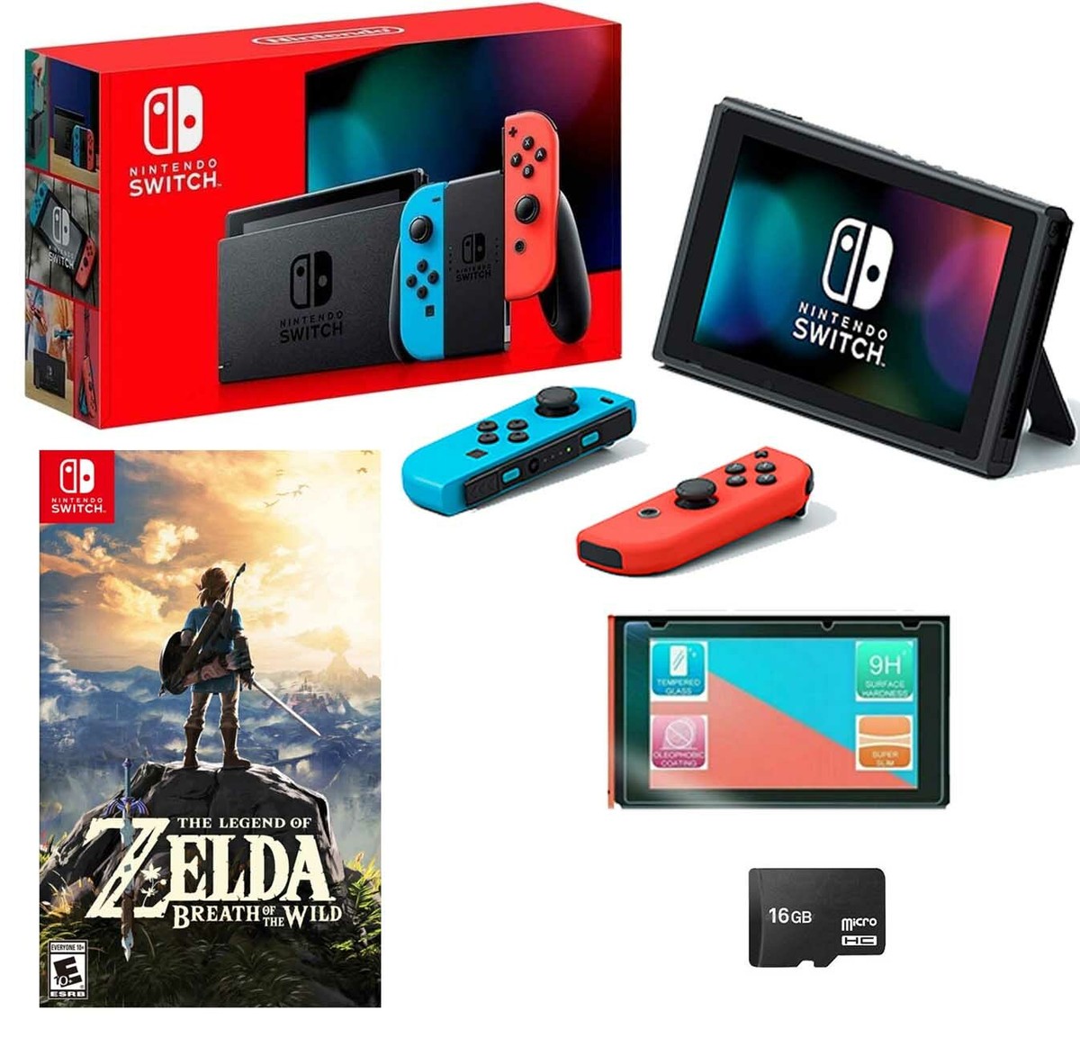 NEW Nintendo Switch Neon Bundle Zelda Breath of the Wild + 16GB SD