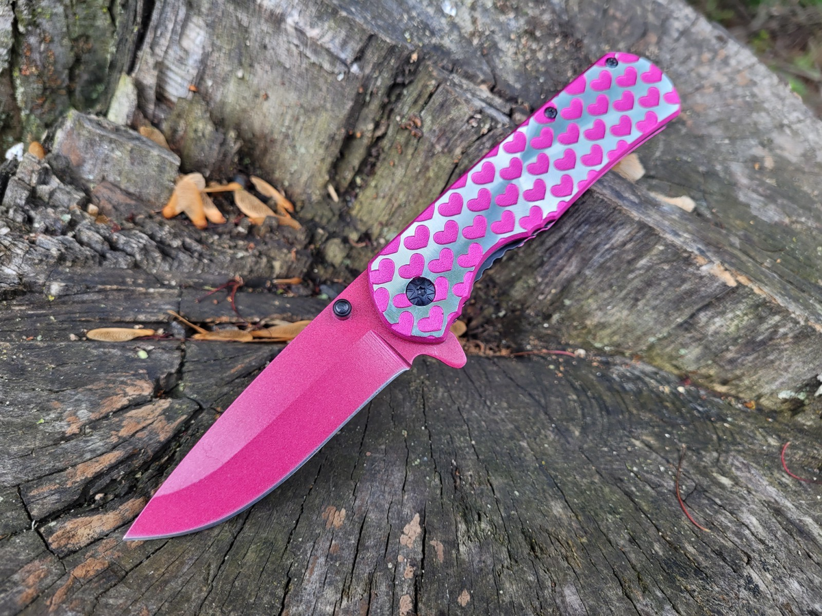 Women's Pocket Knife Pink Hearts Mirror Blade Metal Spring Assist