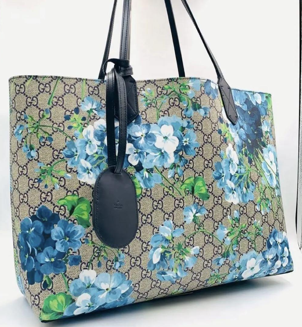 GUCCI GG Bloom Reversible Tote Shoulder Bag PVC Leather Blue Beige