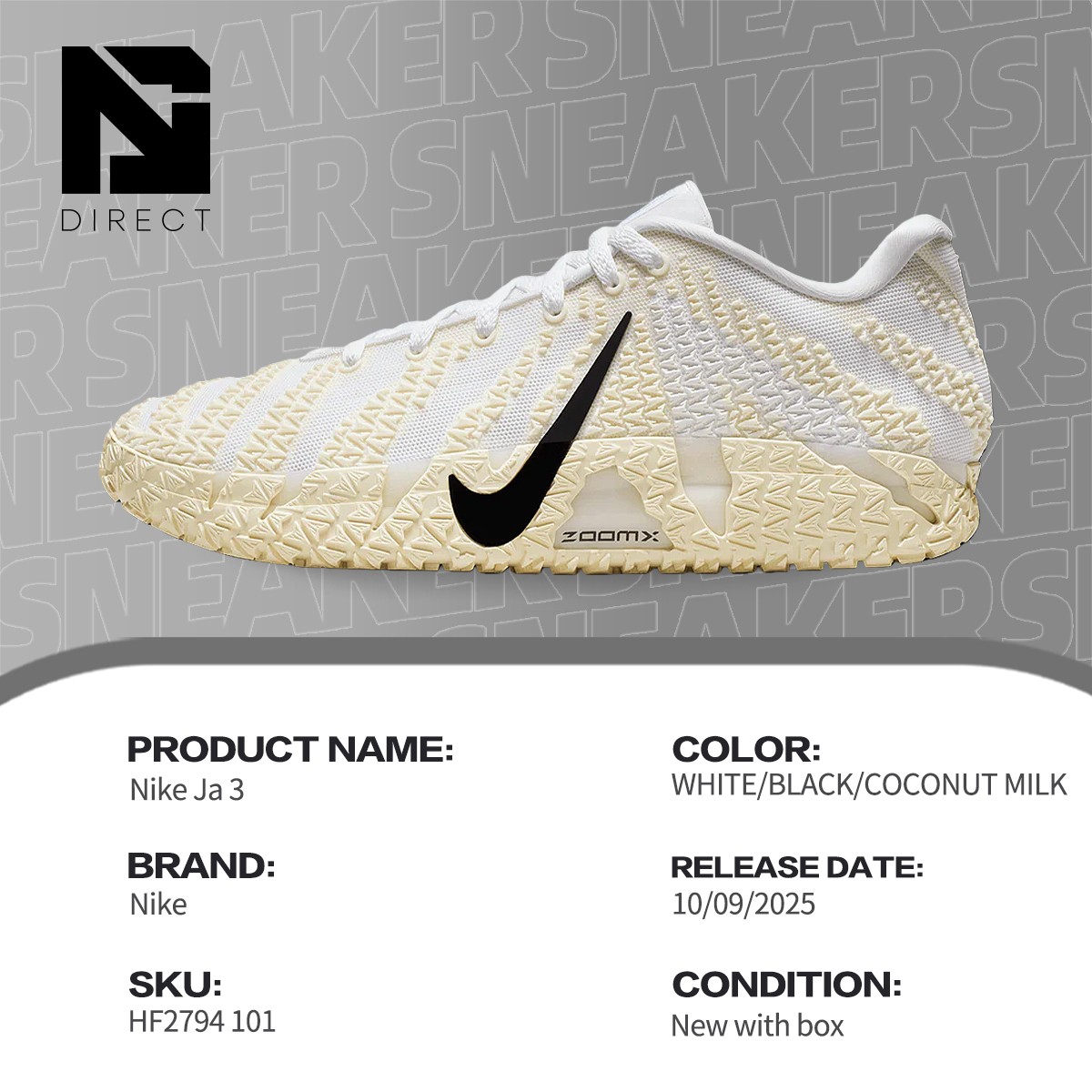 Nike Ja 3 EP White Black Coconut Milk HF2794 101 Mens Size | eBay