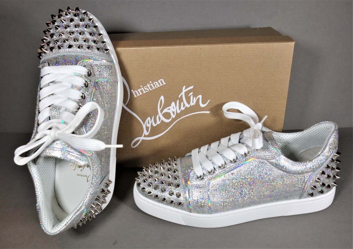 LOUBOUTIN 37.5 VIERA 2 FLAT Metallic Silver Lace Up Low Top
