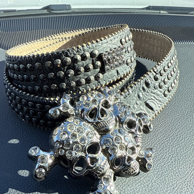 BB Simon Swarovski Crystal Skulls Leather Belt 42 XXL | eBay