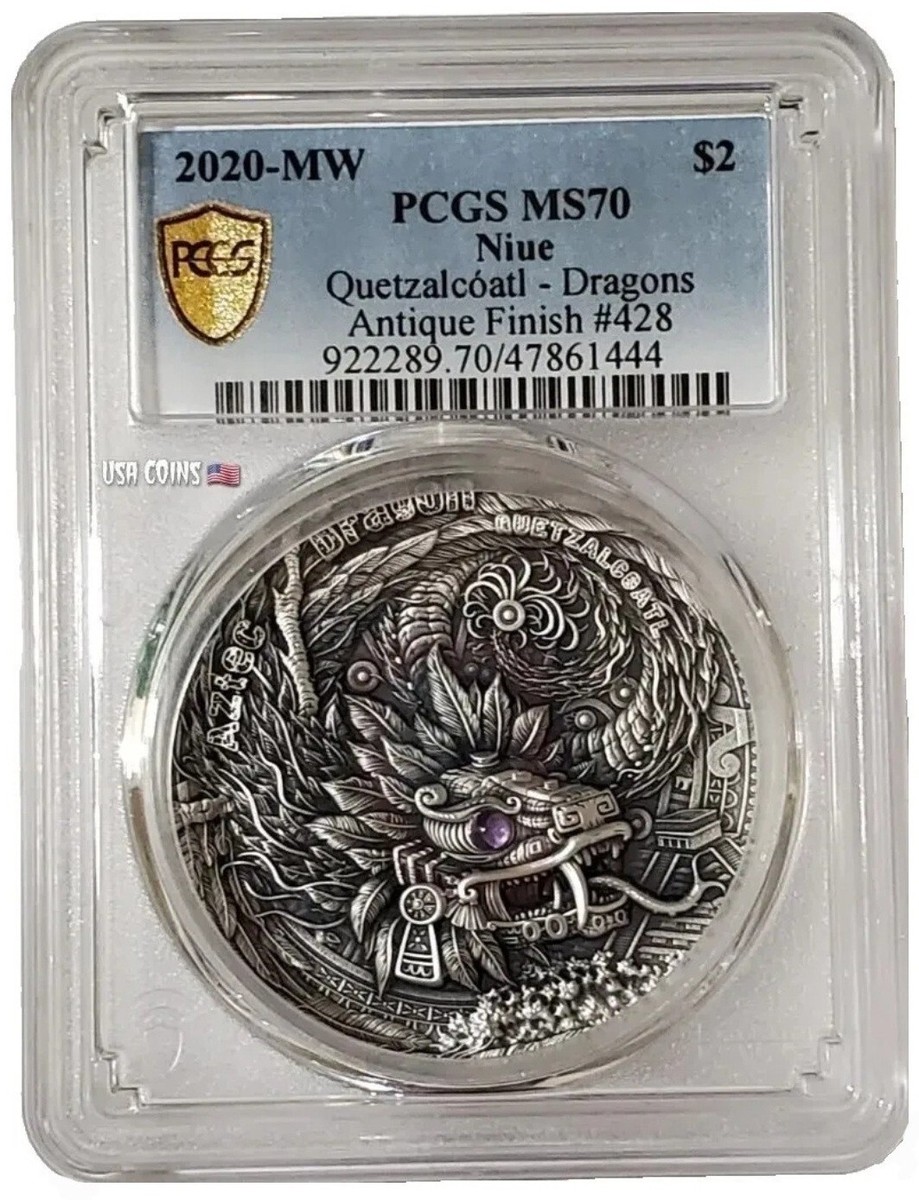 2020 2 Oz Silver $2 Niue AZTEC DRAGON QUETZALCOATL PCGS MS70 Gold
