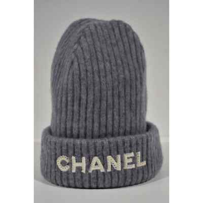 Chanel 22B Cashmere Grey White Sequin CC Logo Beanie Winter Hat