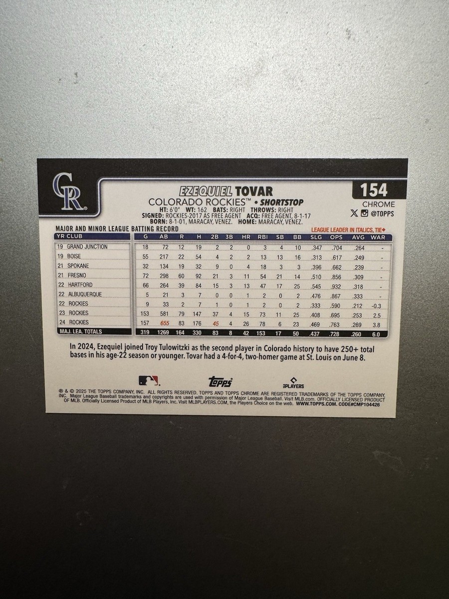 2025 Topps Chrome Ezequiel Tovar #154 Rockies | eBay