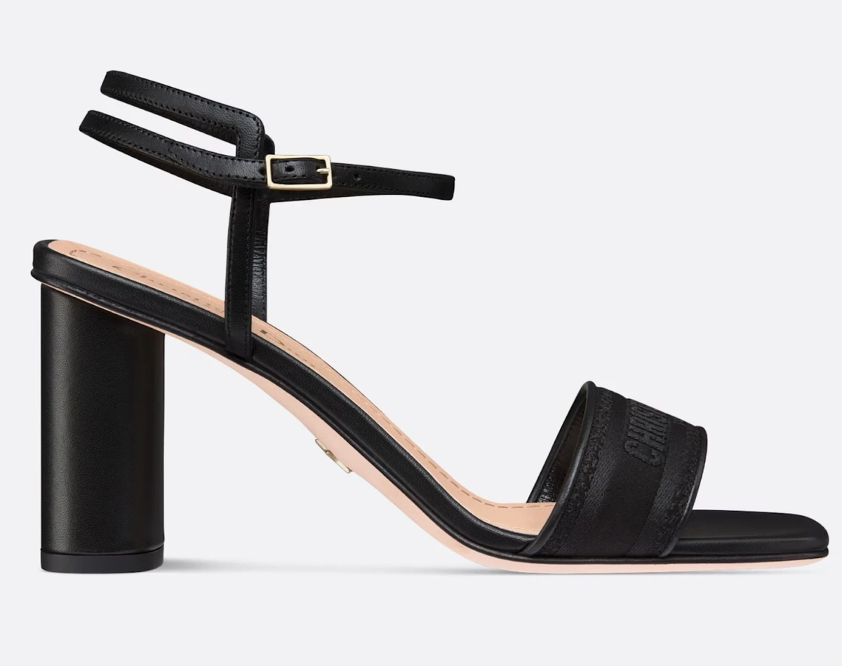 Dior Dway Heeled Sandal Embroidered Satin Black Ankle Strap Block