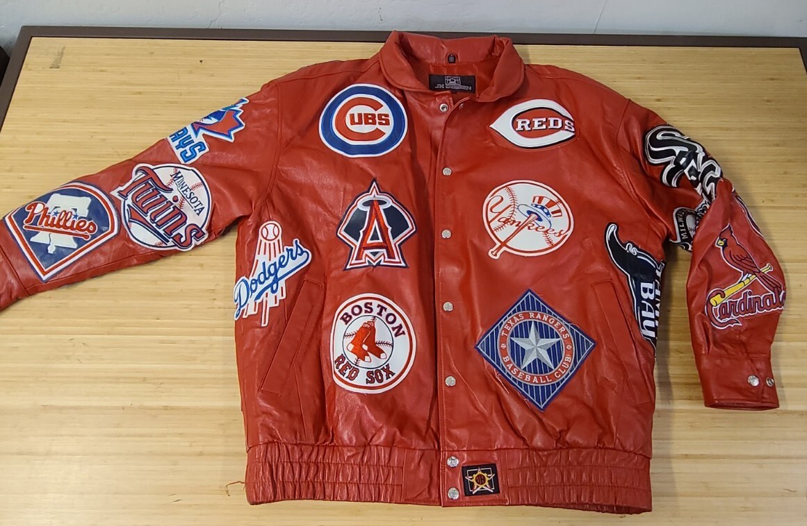 Jeff Hamilton MLB Logos Leather Jacket Vtg team JH Design red size