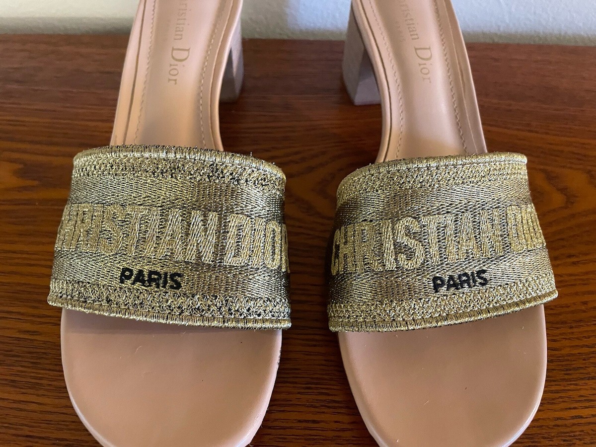 CHRISTIAN DIOR DWAY Heeled Slide Gold Tone Cotton Embroidered