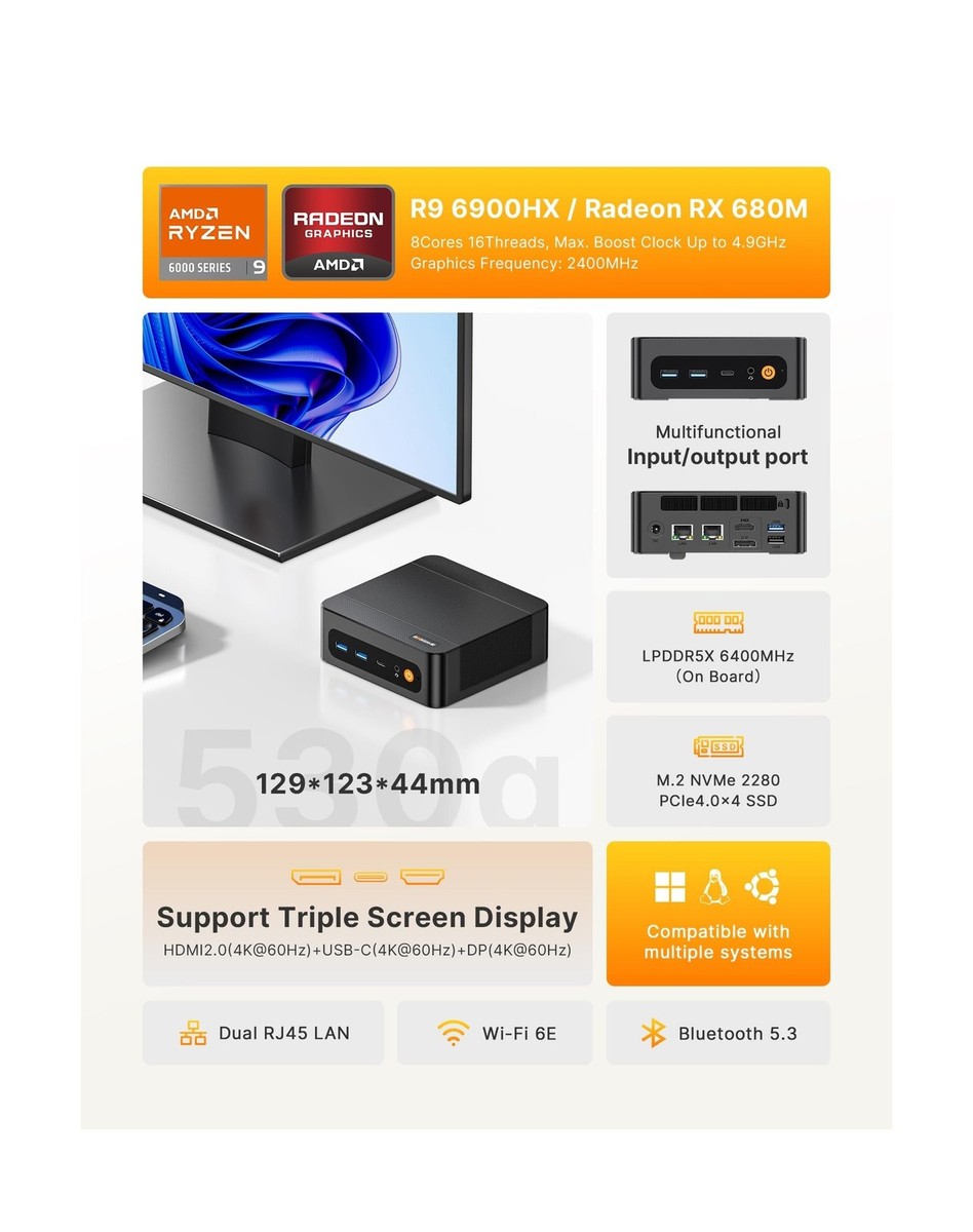 BOSGAME P6 Ryzen 9 6900HX Mini Desktop PC, 32GB LPDDR5 6400MHz