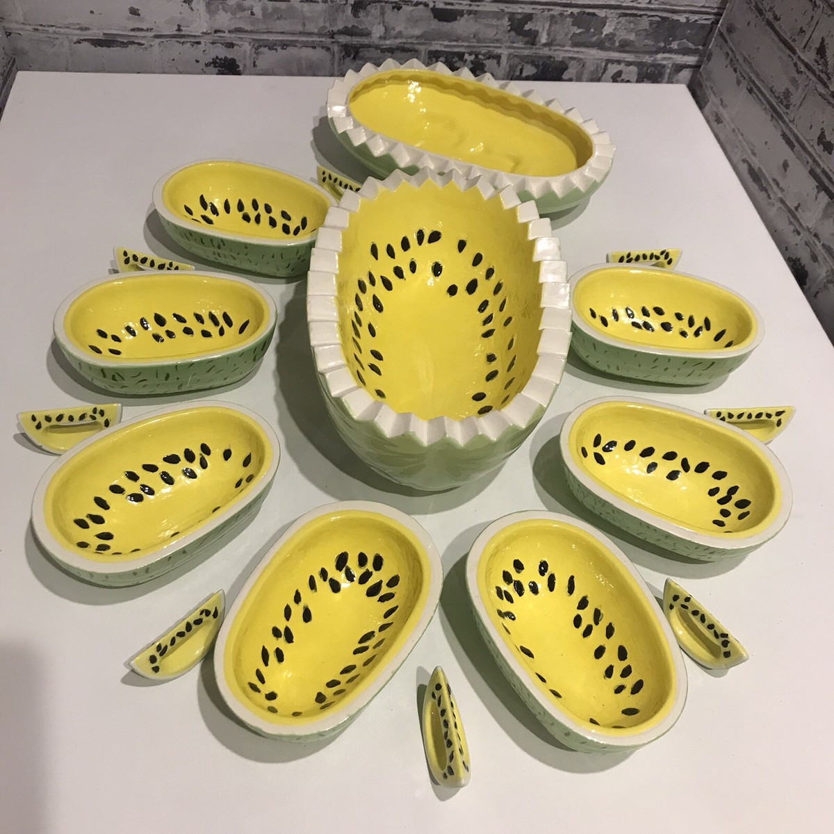 Watermelon Serving Set Hand painted Rare Yellow W/bowels Napkin