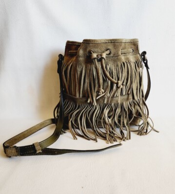 Patricia Nash Olive Green Suede Leave Fringe Boho Medium Bucket