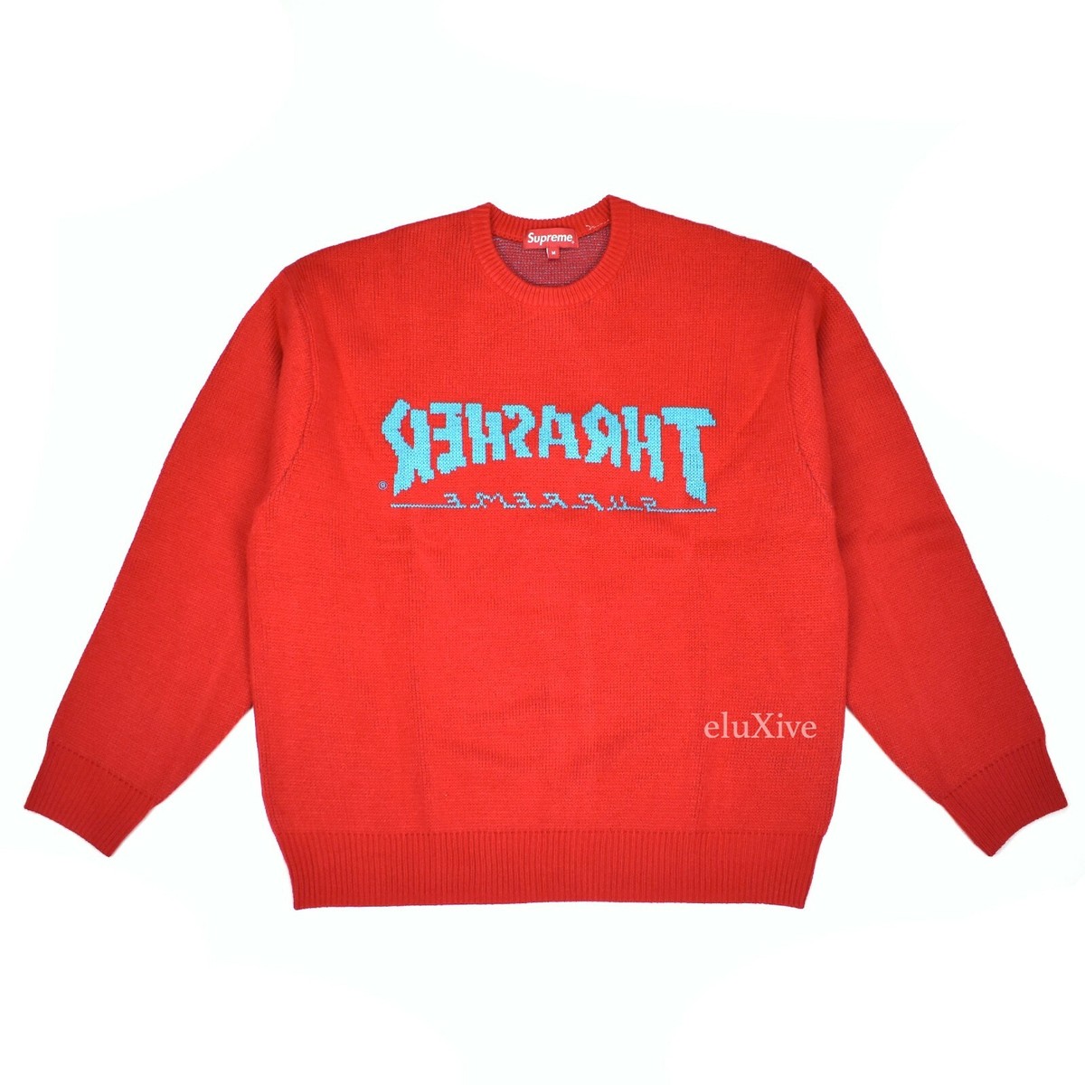 NWT Supreme Thrasher Red Jacquard Knit Logo Crewneck Sweater M