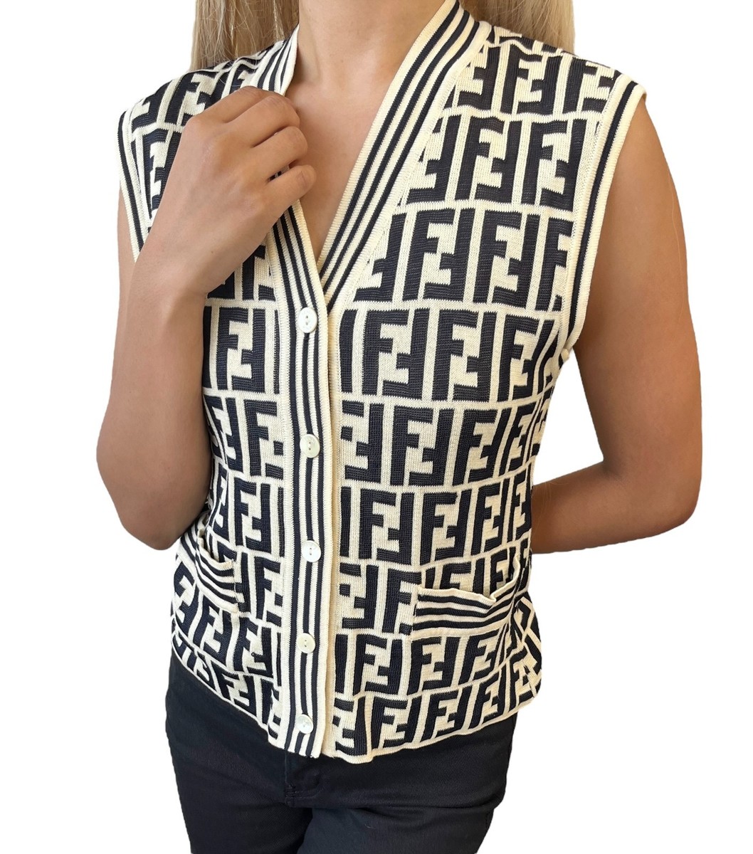 FENDI Vintage Zucca Monogram Knit Vest Cardigan Sweater #38 Cream