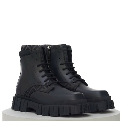 FENDI 1390$ FORCE Black Leather Lace Up Ankle Boots, FF Motif