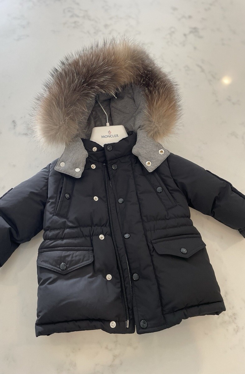 Moncler Enfant Black Down Jacket With Fur Hood Size 9-12m New No