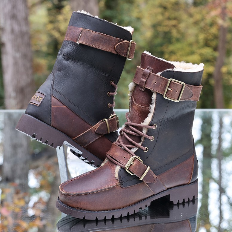 Ralph Lauren Zacha Shearling Leather Combat Boots Brown Roll Over