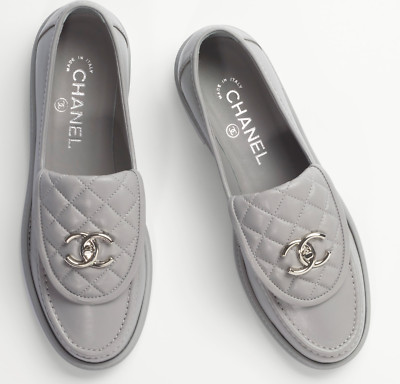 Chanel 21B Grey Quilted Flap Turnlock CC Logo Silver Mule Slip On