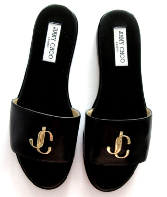 Jimmy Choo London JC Flat Slides Flat Black Leather Sandals 39.5 9