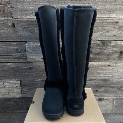 UGG SUNBURST EXTRA TALL BLACK OVER THE KNEE SUEDE FUR BOOTS SIZE