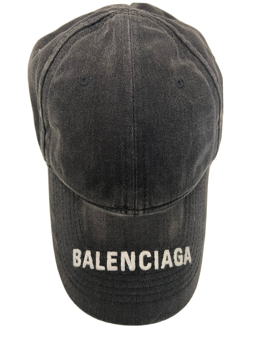 BALENCIAGA Logo Gray Baseball Cap Hat Black Adjustable Size L Used